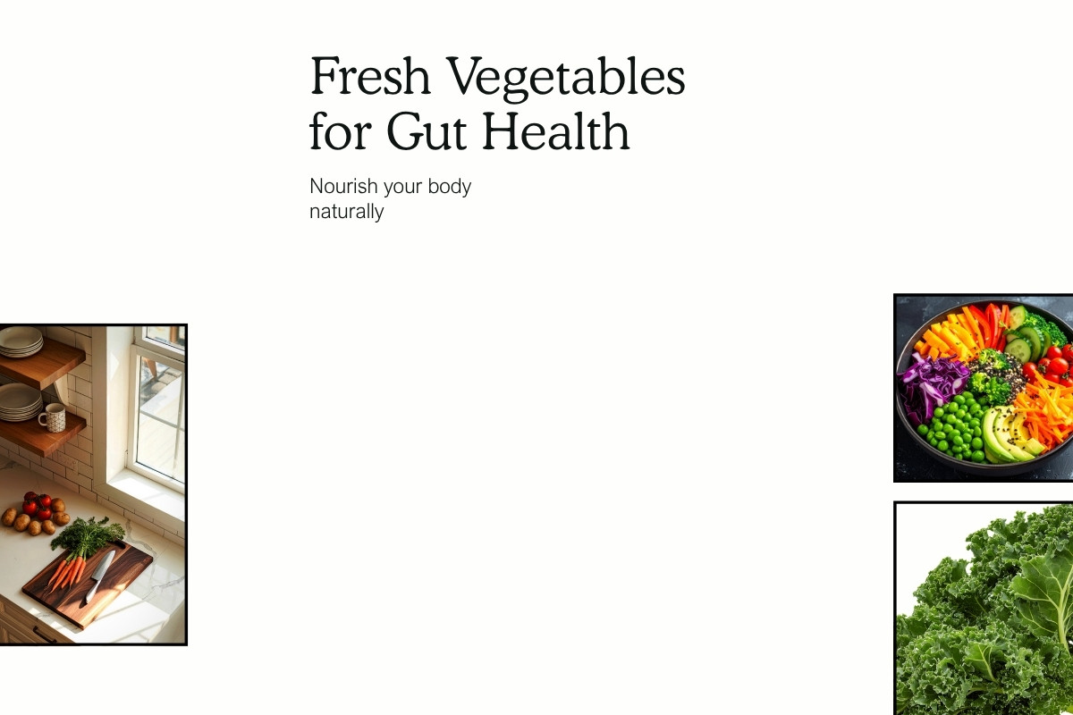 Fresh vegetables and leafy greens on a kitchen counter, relevant to the gut-skin connection